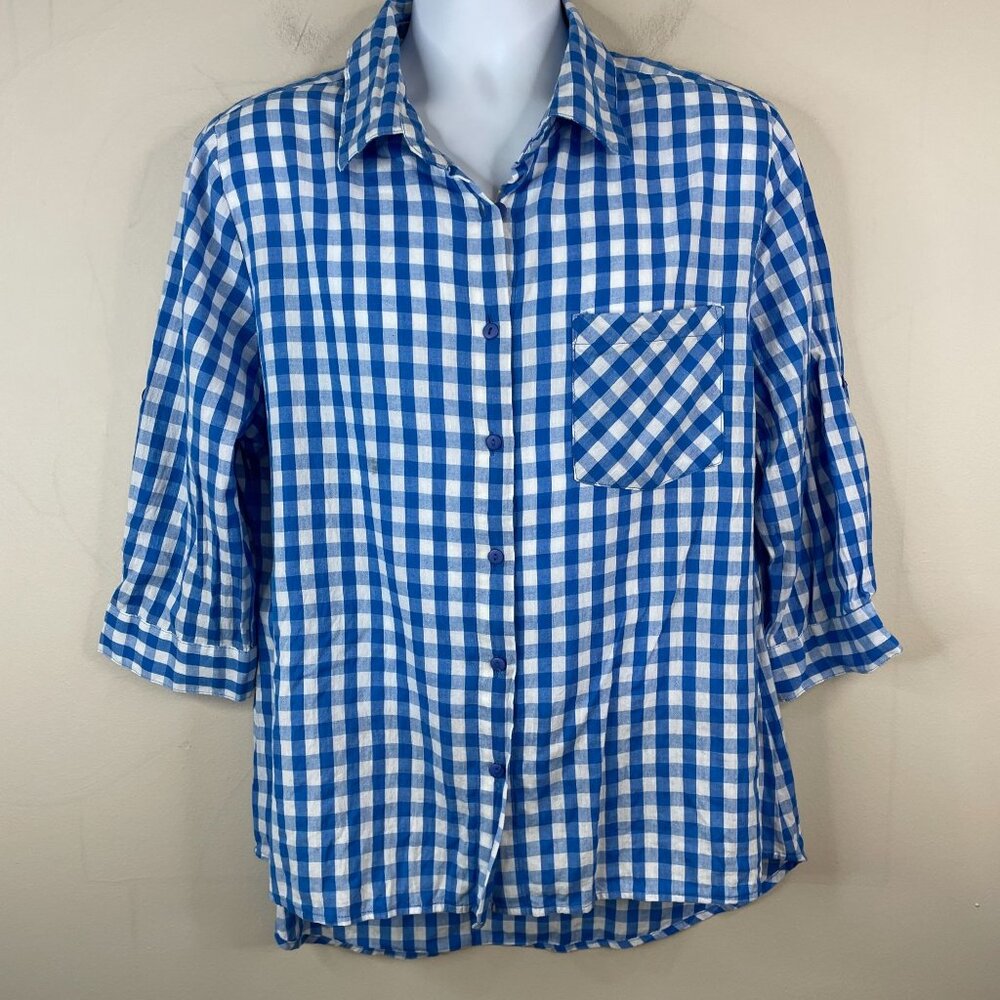 Life Style Gingham Button Up Top 1X Blue Country Check‎ Crisp Casual Tunic VTG